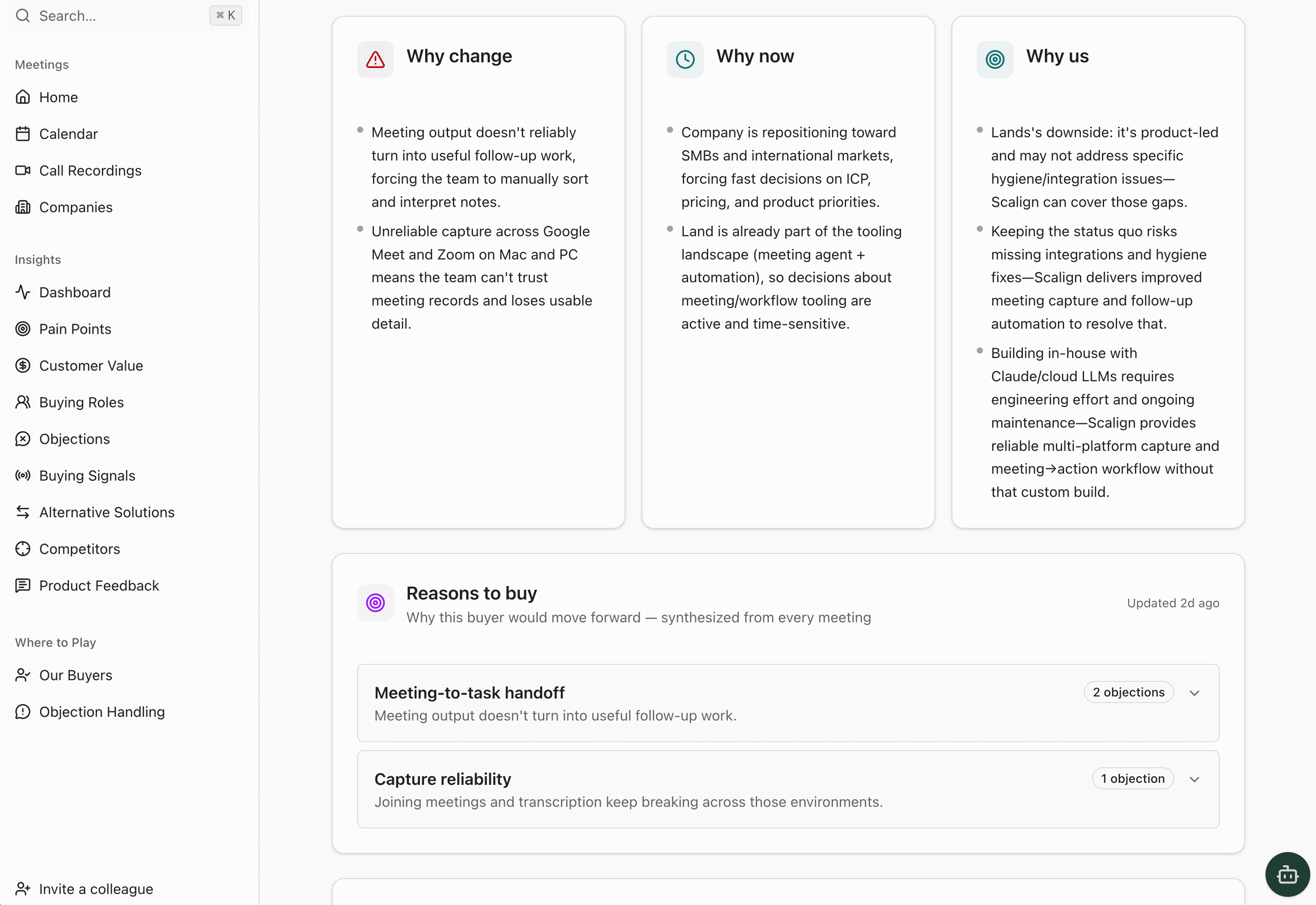 Scalign dashboard showing buyer conversation insights and next-step recommendations