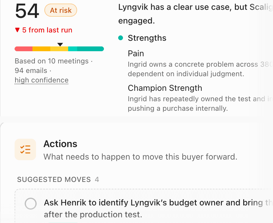 A Scalign company page showing the deal health score and the suggested next move for one account